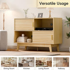 Fluted Buffet Sideboard Oak, Modern Storage Cabinet w/Cord Cutout, Accent Cabinet with Solid Wood Legs, Console Table w/Sliding Doors Open Shelves, Credenza for Living Room, Hallway, Entryway