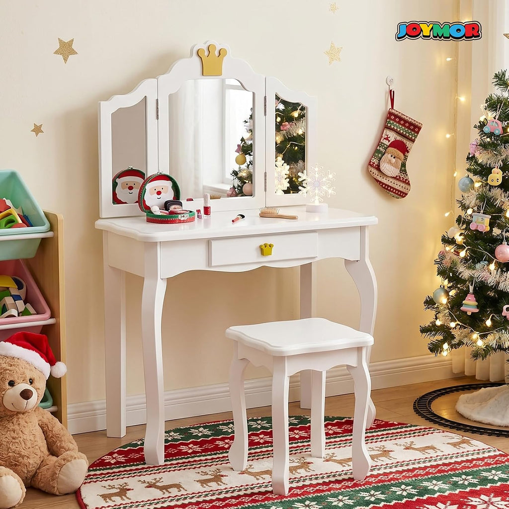 JOYMOR Kids Princess Vanity Table and Chair Set, Kids Vanity Set with Drawer & Tri-Folding Mirror, 2 in 1 Makeup Dressing Table with Detachable Top for Girls