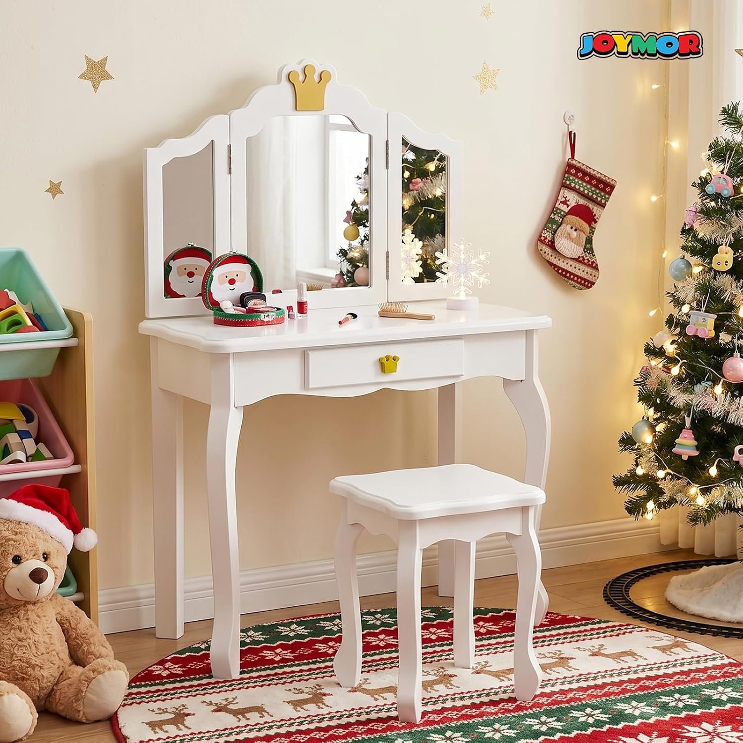 JOYMOR Kids Princess Vanity Table and Chair Set, Kids Vanity Set with Drawer & Tri-Folding Mirror, 2 in 1 Makeup Dressing Table with Detachable Top for Girls