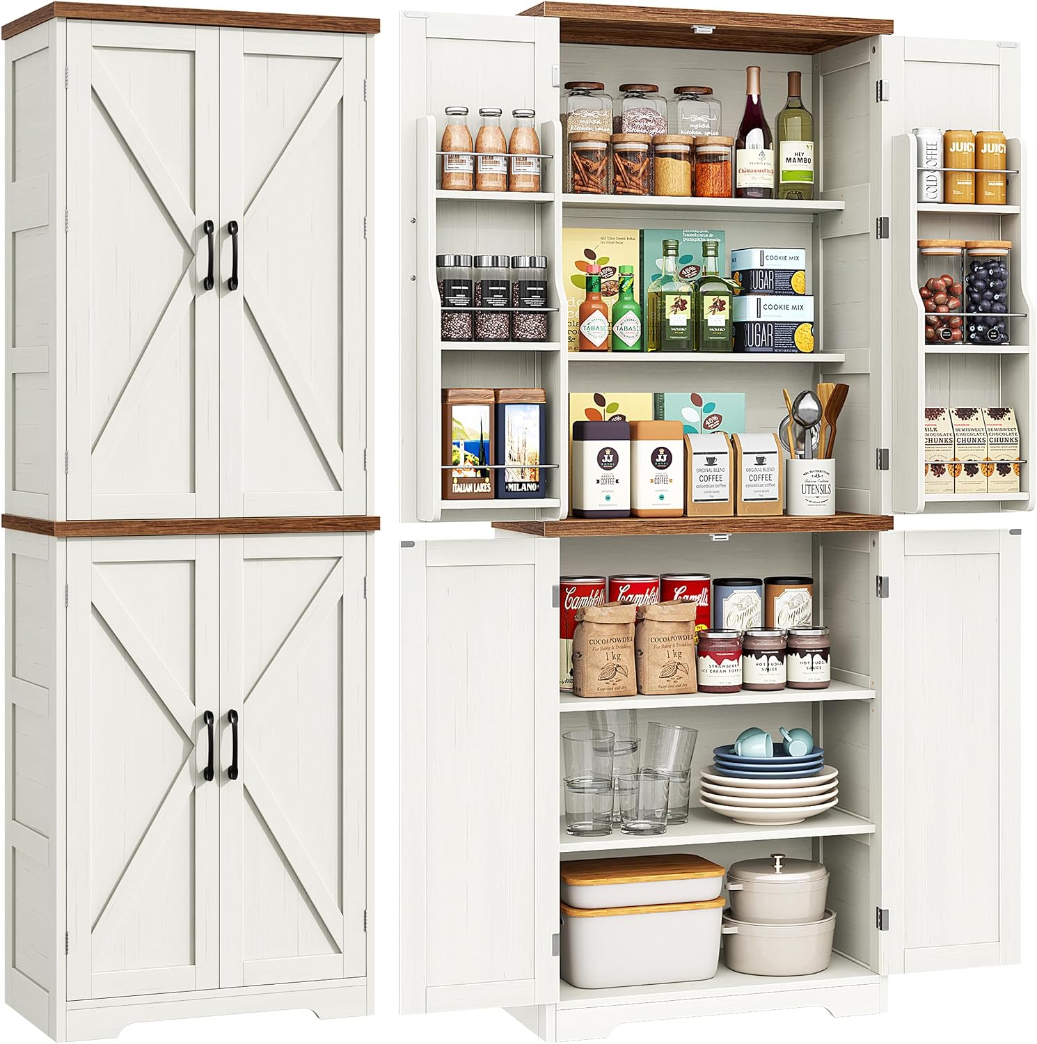 Yusong 72'' Farmhouse Kitchen Pantry Cabinet,Storage Cabinet with 4 Doors and Adjustable Shelves, Wooden Food Pantry Cupboard for Kitchen Dining Living Room Bathroom, Antique White with Wood Top