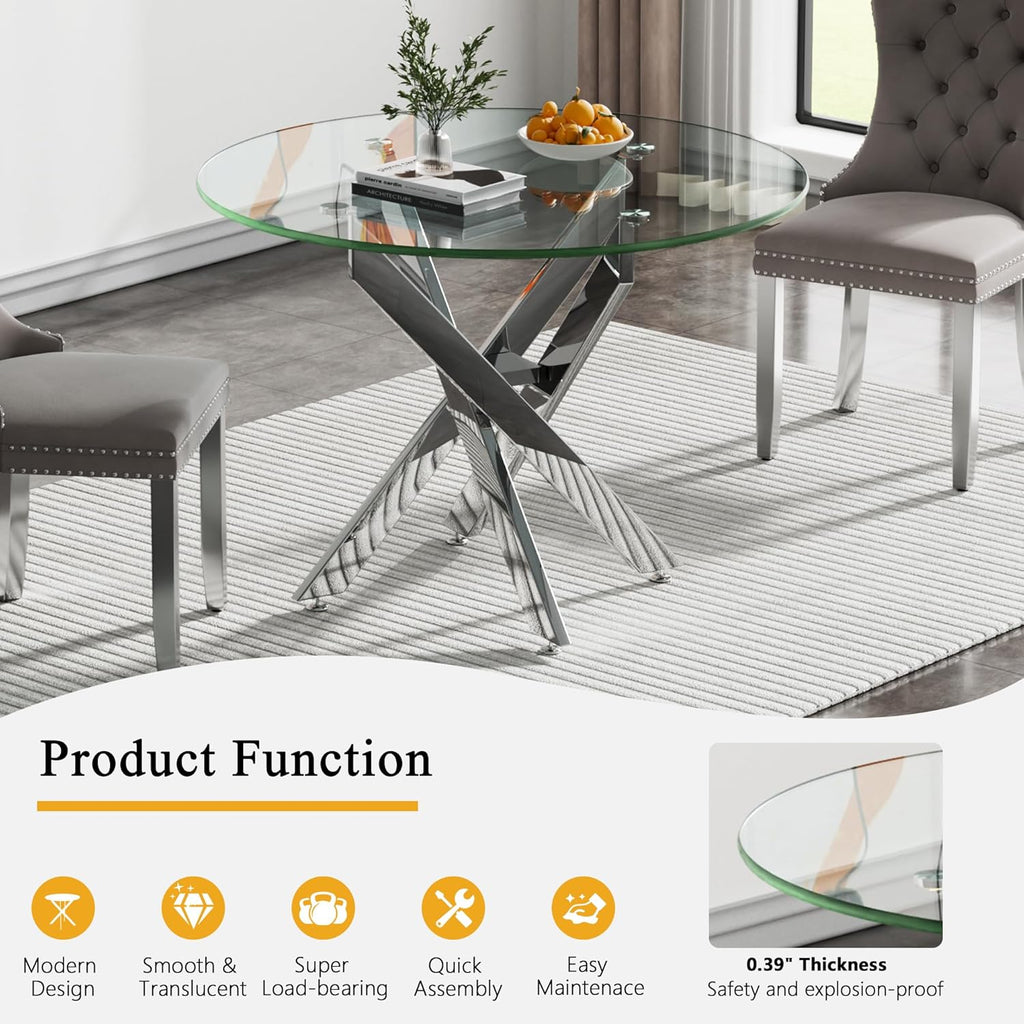 Round Glass Dining Table Set for 2, Small Kitchen Table Set for 2, 35" Round Glass Table and Olive Green Velvet Tufted Chairs Set of 2, 3 Piece Round Dining Room Table Set for Breakfast Dinette Cafe