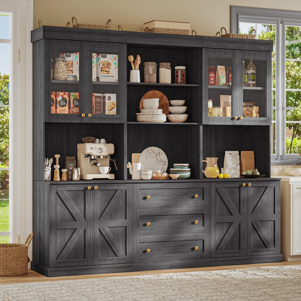 71" Farmhouse Kitchen Pantry Cabinet Freestanding Coffee Bar with Glass Doors or Drawers, Microwave Stand, Large Storage Hutch with Adjustable Shelves for Kitchen and Living Room，Black 3pcs