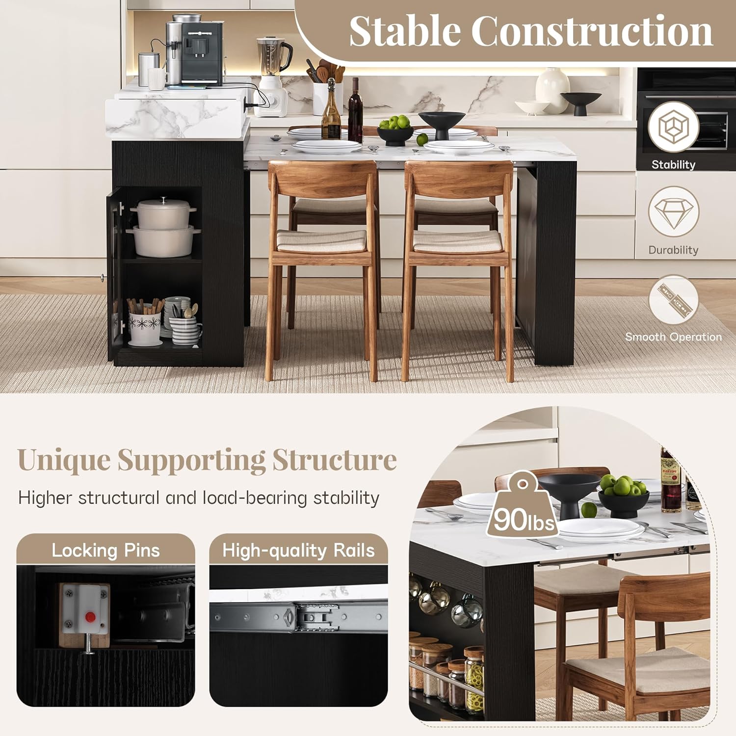 Extendable Dining Table with Storage, Transformer Console Table for 1-4 People, Mobile Rolling Island Table Space Saving Dining Room Table with Built-in Outlet for Homes, Apartments, Black Marble