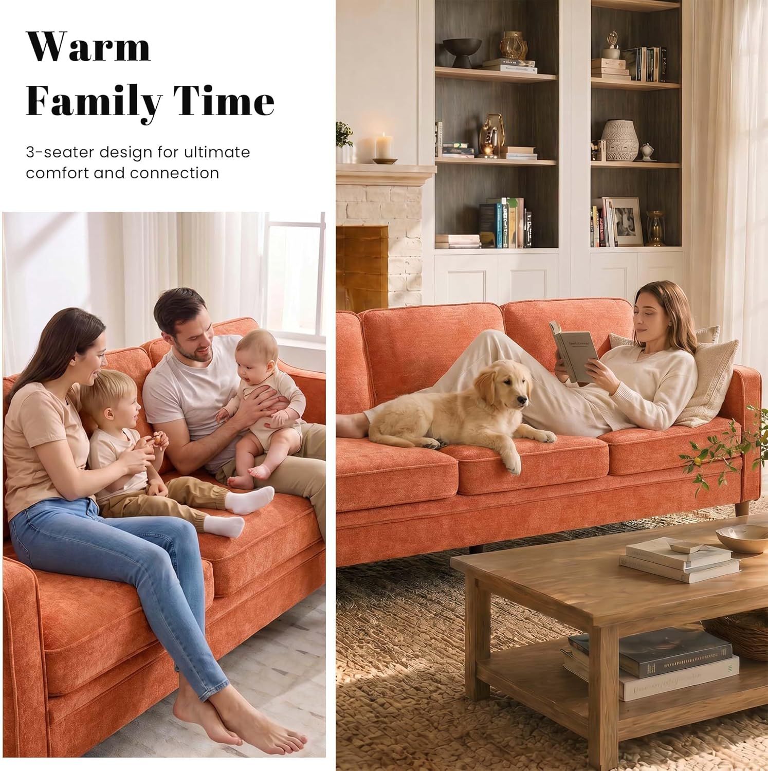 Kingfun 80" Chenille Sofa, 3 Seater Couch, Mid Century Modern Couches with Solid Wood Legs for Living Room & Bedroom, Orange