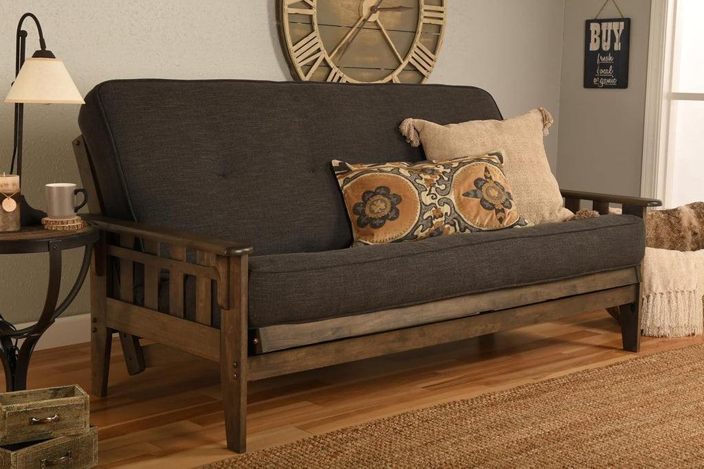 Kodiak Furniture Tucson Futon Set in Rustic Walnut Finish with Linen Charcoal Mattress, Full | Solid construction