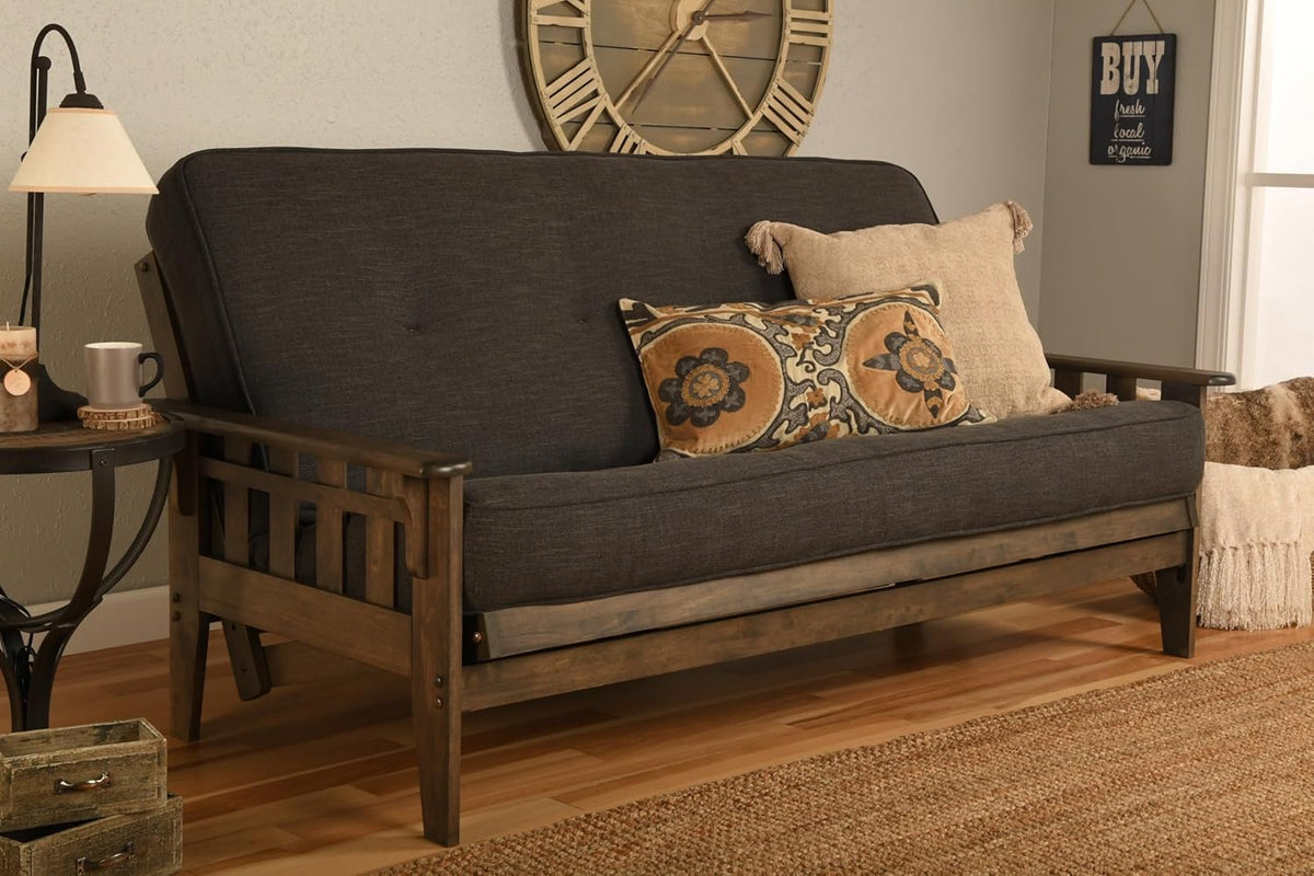 Kodiak Furniture Tucson Futon Set in Rustic Walnut Finish with Linen Charcoal Mattress, Full | Solid construction