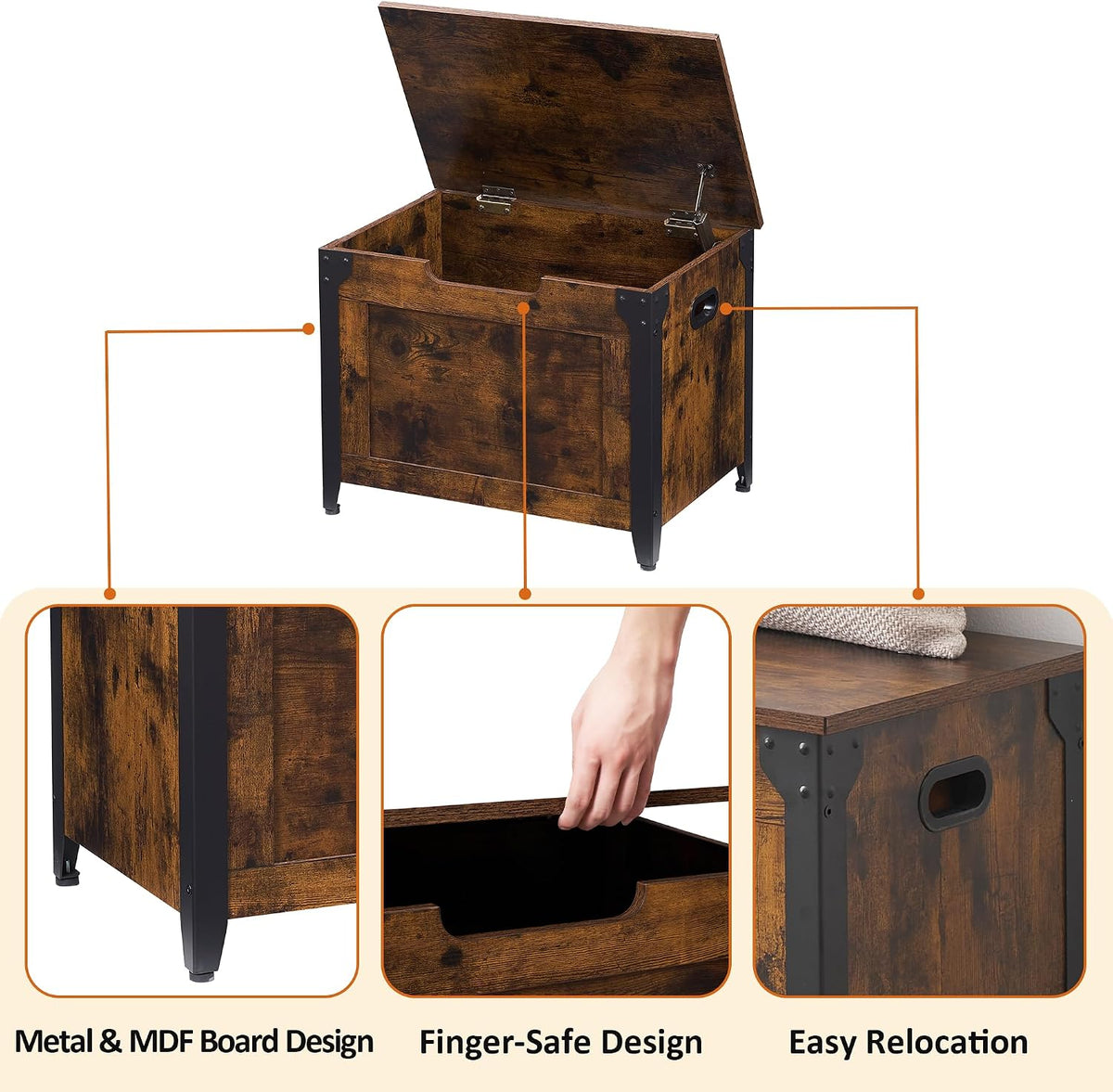 IDEALHOUSE Storage Bench, 23.6" Retro Wooden Storage Chest with 2 Safety Hinges, Loads 300 lb, Easy Assembly, Storage Ottoman Bench for Bedroom Entryway Living Room, Rustic Brown
