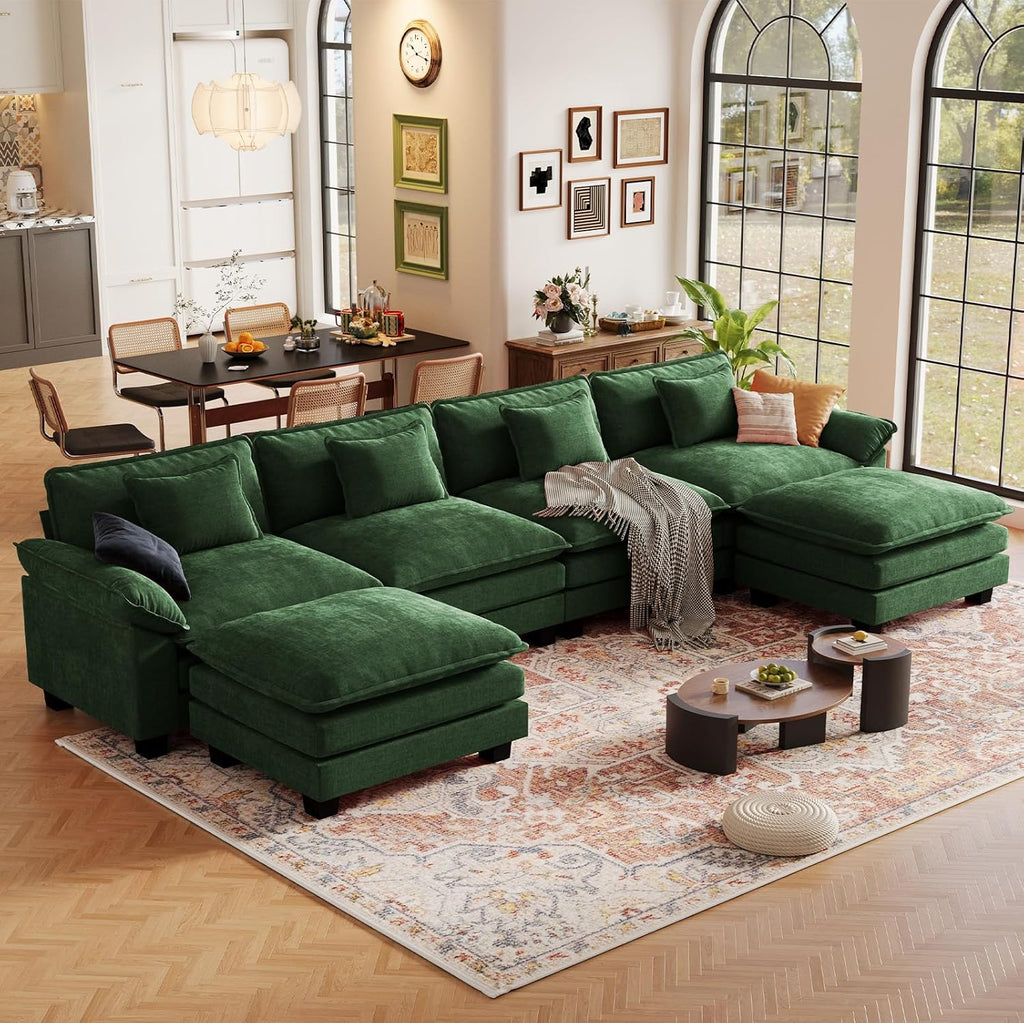 CDCASA 154" Modular Sectional Sofa, Comfy U-Shaped Cloud Couch with 2 Movable Ottomans, Oversized 6-Seater Chenille Deep Seat Sofa Couch for Living Room, DIY Combination, Green