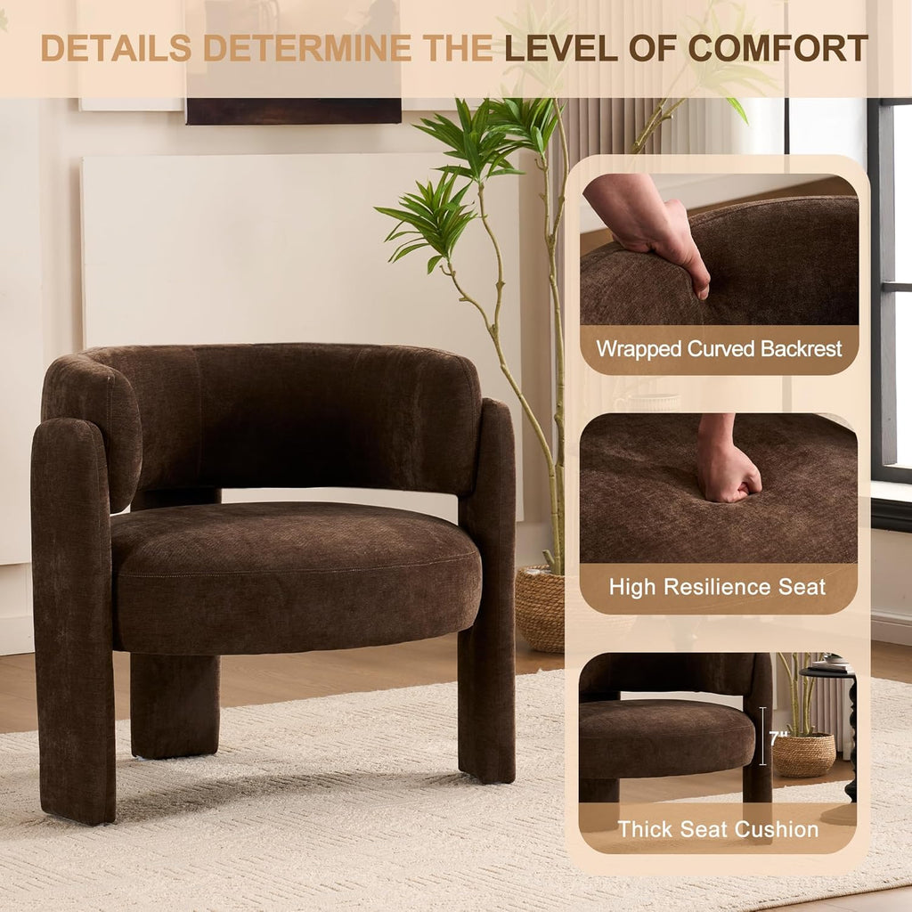 Modern Accent Barrel Chair,Mid Century Single Armchair with Curved Backrest Upholstered Side Reading Chair with 3 Legs Comfy Sherpa Chair for Bedroom Home Office Living Room (Brown)