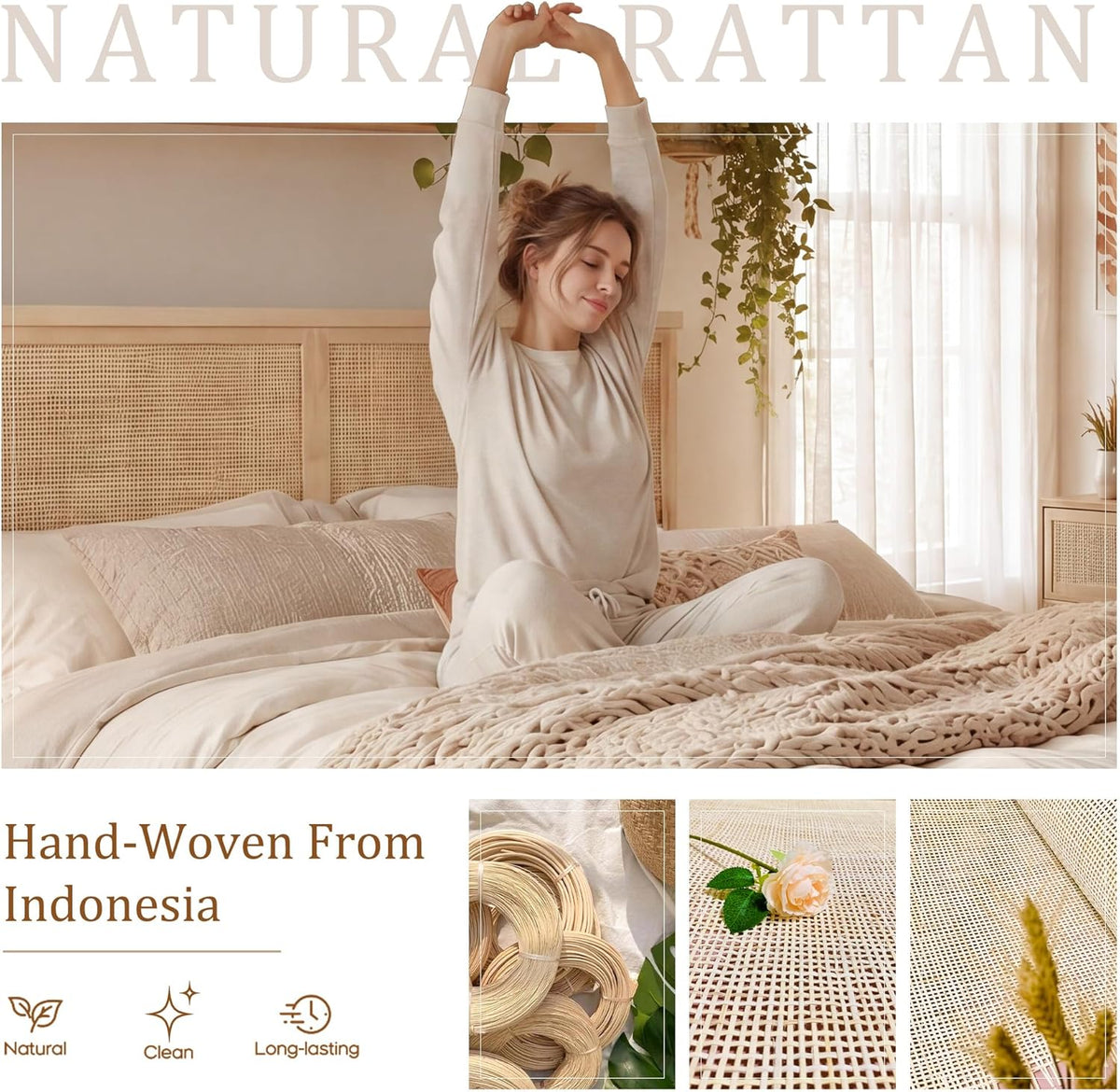Brafab Natural Rattan King Bed Frame with Headboard, 4 Storage Drawers