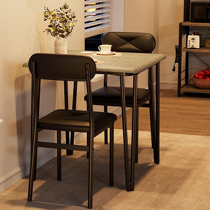 GarveeHome Dining Table Set for 2, Kitchen Table with Upholstered Chairs for Kitchen Room and Small Spaces (Grey, Table with 2 Chairs)