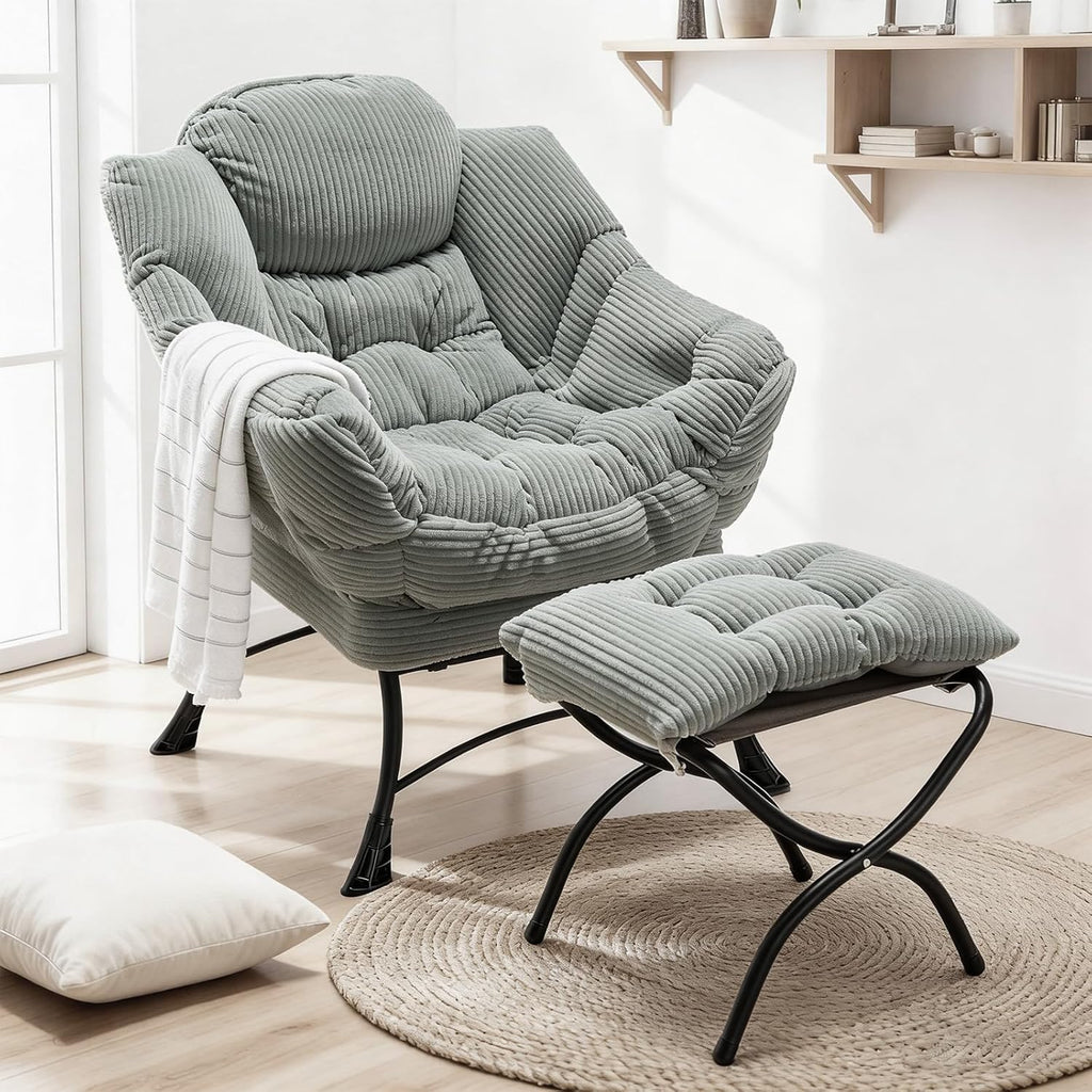 Oversized Lazy Chair with Ottoman for Adults, Chair and Ottoman Set Modern Skinny Lounge Chair with Footrest, Wide Reading Chair for Living Room/Bedroom, Comfy Accent Armchair for Small Spaces, Green