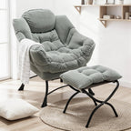 Oversized Lazy Chair with Ottoman for Adults, Chair and Ottoman Set Modern Skinny Lounge Chair with Footrest, Wide Reading Chair for Living Room/Bedroom, Comfy Accent Armchair for Small Spaces, Green