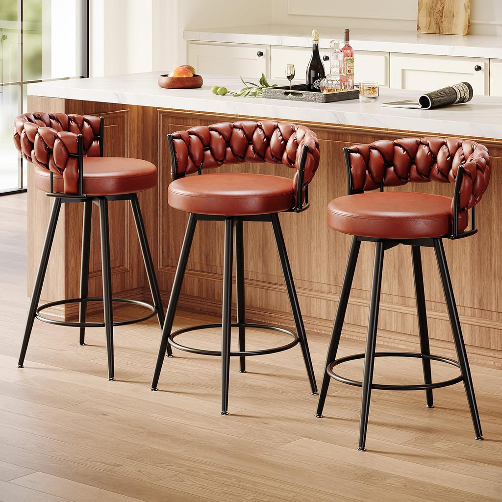 26" Counter Height Bar Stools Set of 3, Premium Faux Leather Barstools | Upholstered 360°Swivel Bar Chairs with Woven Backs Support & Heavy Duty Metal Legs for Kitchen Counter, Easy Assembly, Brown