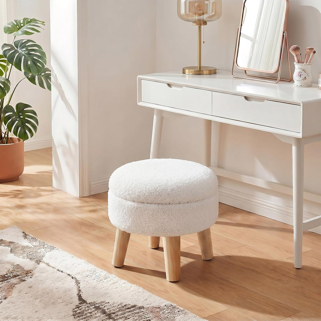 DUMOS Round Storage Ottoman Foot Rest, Compact Boucle Upholstered Footstool with Hidden Storage, Padded Seat, Small Coffee Table for Living Room, Bedroom, Beige