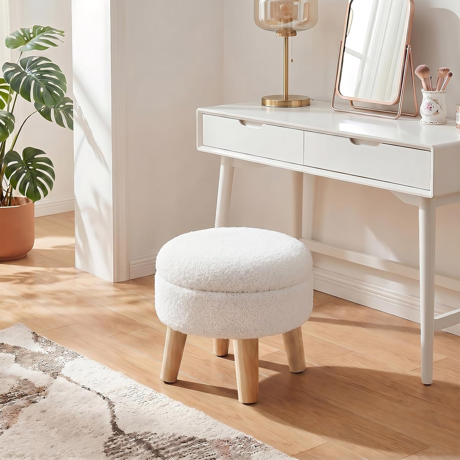 DUMOS Round Storage Ottoman Foot Rest, Compact Boucle Upholstered Footstool with Hidden Storage, Padded Seat, Small Coffee Table for Living Room, Bedroom, Beige