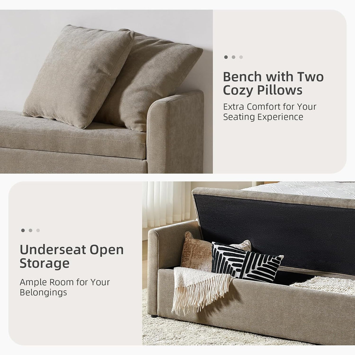 59.5" Modern Storage Ottoman Bedroom Bench, End of Bed Bench with Throw Pillows and Arms, Footrest Stool for Living Room, Dining Room, Entryway and Hallway, Brown