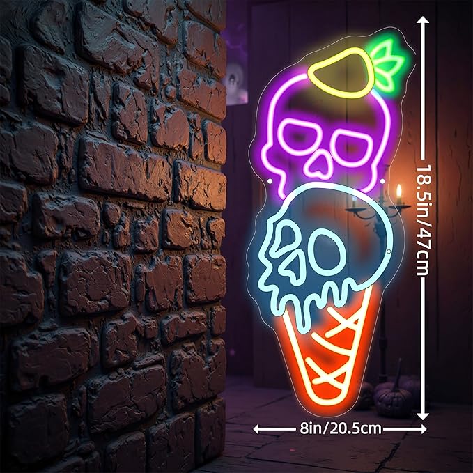 Halloween Ice Cream Skull Neon Sign, Quirky Gothic LED Wall Art,Skull Neon Light Ice Cream Neon Lighht Halloween Decor Wall Halloween Neon Sign Coffee Shop Decor, Christmas Party Bar Drink Shop-Purple