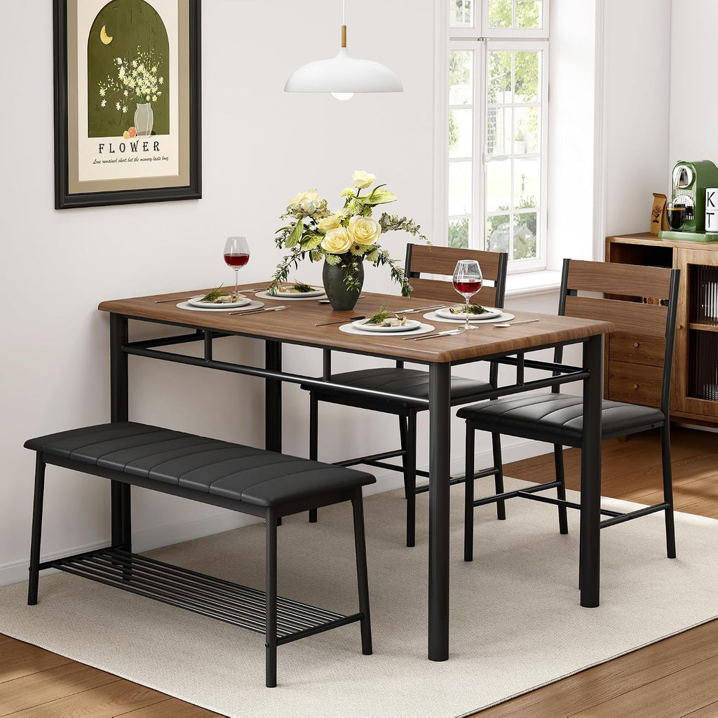 IRONCK Dining Table Set for 4, Kitchen Table with Upholstered Bench and 2 Chairs, Kitchen Table and Chairs Set for Small Space, Apartment, Walnut