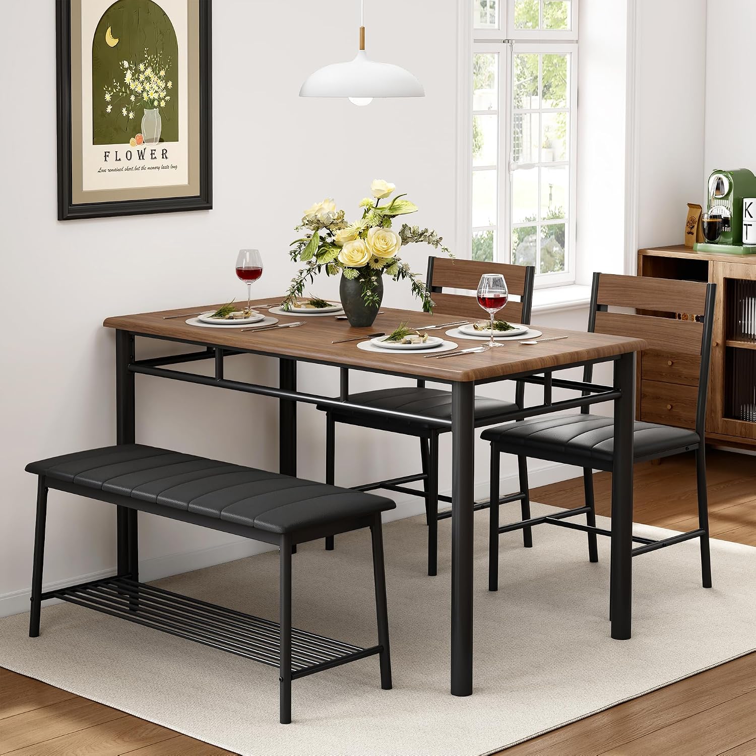 IRONCK Dining Table Set for 4, Kitchen Table with Upholstered Bench and 2 Chairs, Kitchen Table and Chairs Set for Small Space, Apartment, Walnut