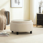 Round Storage Ottoman 29.33" with Reversible Lid - Fleece Fabric Upholstered Hand-Pulled Buckle Decoration Footstool, Storage Stool for Living Room, Bedroom, Office (Beige)