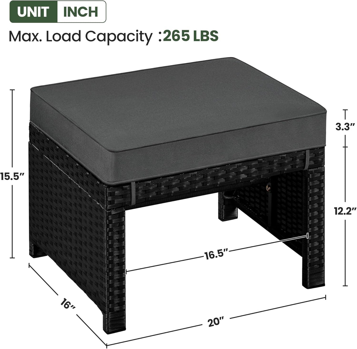 Yaheetech Wicker Ottomans, Set of 2 Footrest with Removable Cushion, 2pcs PE Rattan Side Table Additional Seating Multipurpose Outdoor Furniture for Patio, Backyard, Black/Gray
