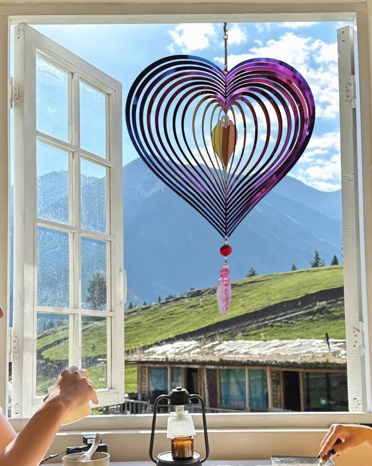 3D Heart Wind Spinner - Flowing Light Effect, Purple-Green Gradient Metal Spinner for Outdoor Garden Decor, Unique Gift for Mom & Women
