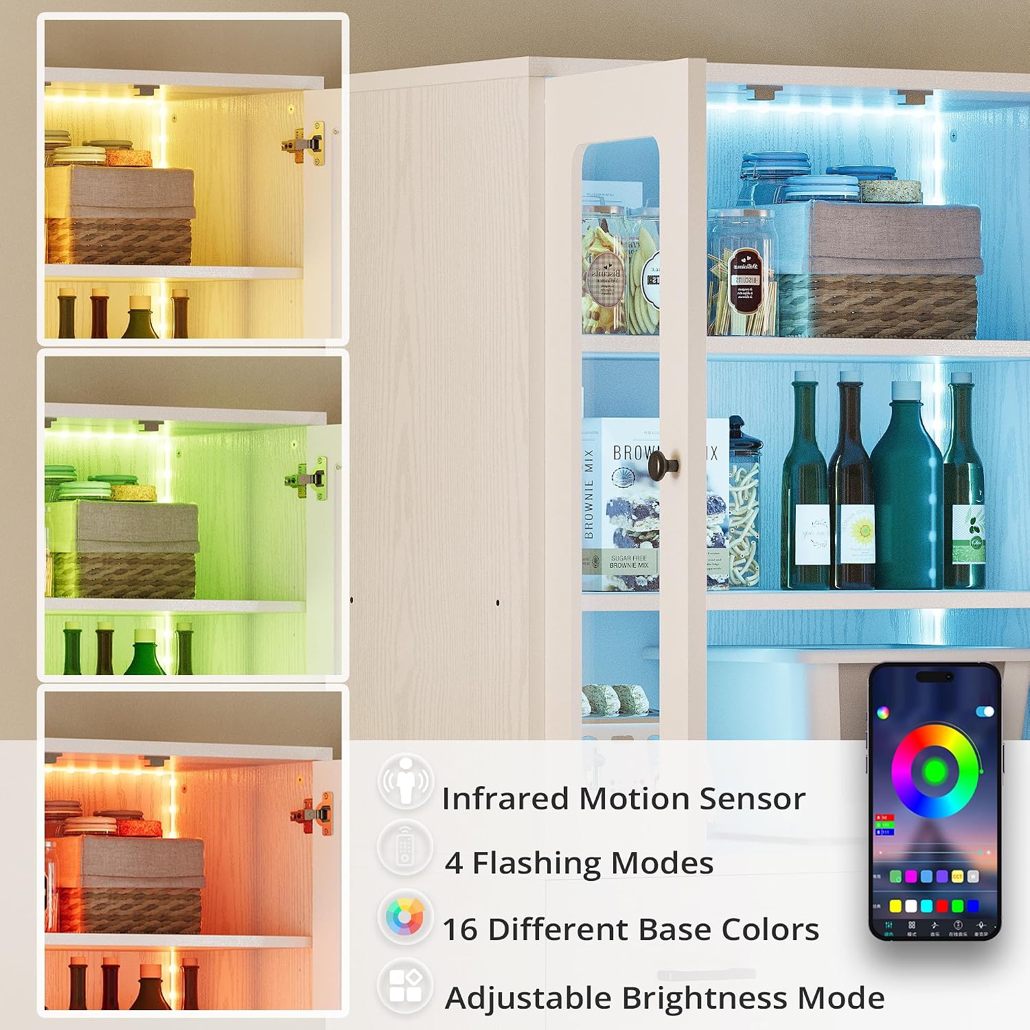 IRONCK 74.8" Tall Kitchen Pantry, Storage Cabinet with LED Lights, Kitchen Cabinet with Acrylic Glass Door, Drawer and Adjustable Shelves, for Dining Room, White