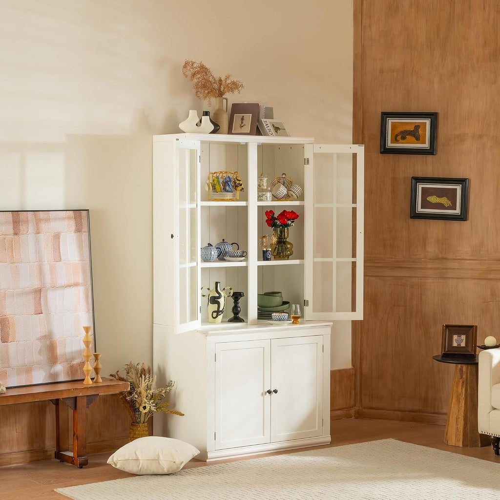 Havemies 36” Wide Freestanding Pantry with Glass Lattice Door, 75” Tall Farmhouse Kitchen Cabinet for Dishes, Linens & Storage, White Finish