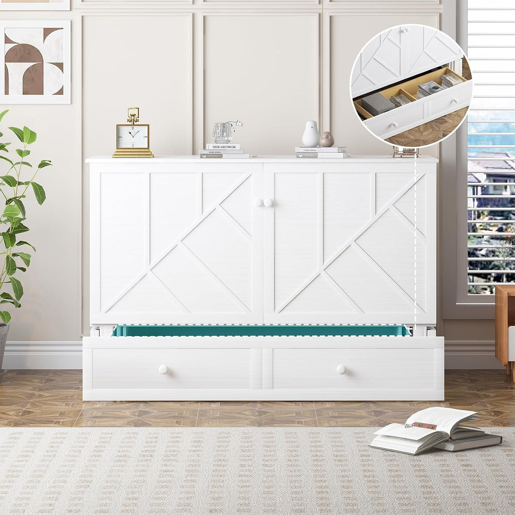 BALUS Queen Murphy Bed, Murphy Cabinet Bed with 2 Storage Drawers &USB Charging Station, Space-Saving Murphy Beds for Living Room/Bedroom, White