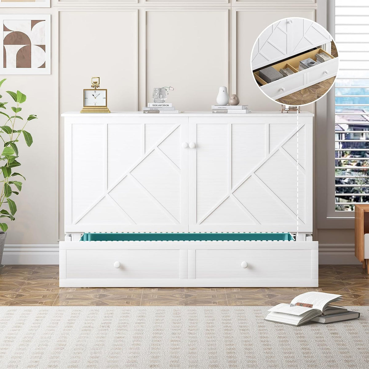 BALUS Queen Murphy Bed, Murphy Cabinet Bed with 2 Storage Drawers &USB Charging Station, Space-Saving Murphy Beds for Living Room/Bedroom, White