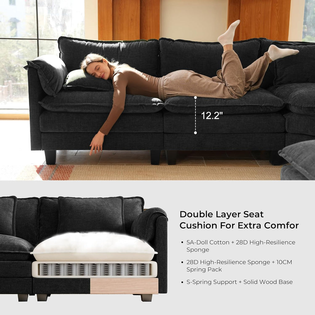ELUCHANG 114" Oversized V-Shaped Cloud Couch Modular Sectional Sofa with Throw Pillows, 6-Seats w/Corner Comfy Double Layer Upholstered Deep Sofa for Living Room, DIY Combination, Chenille Black