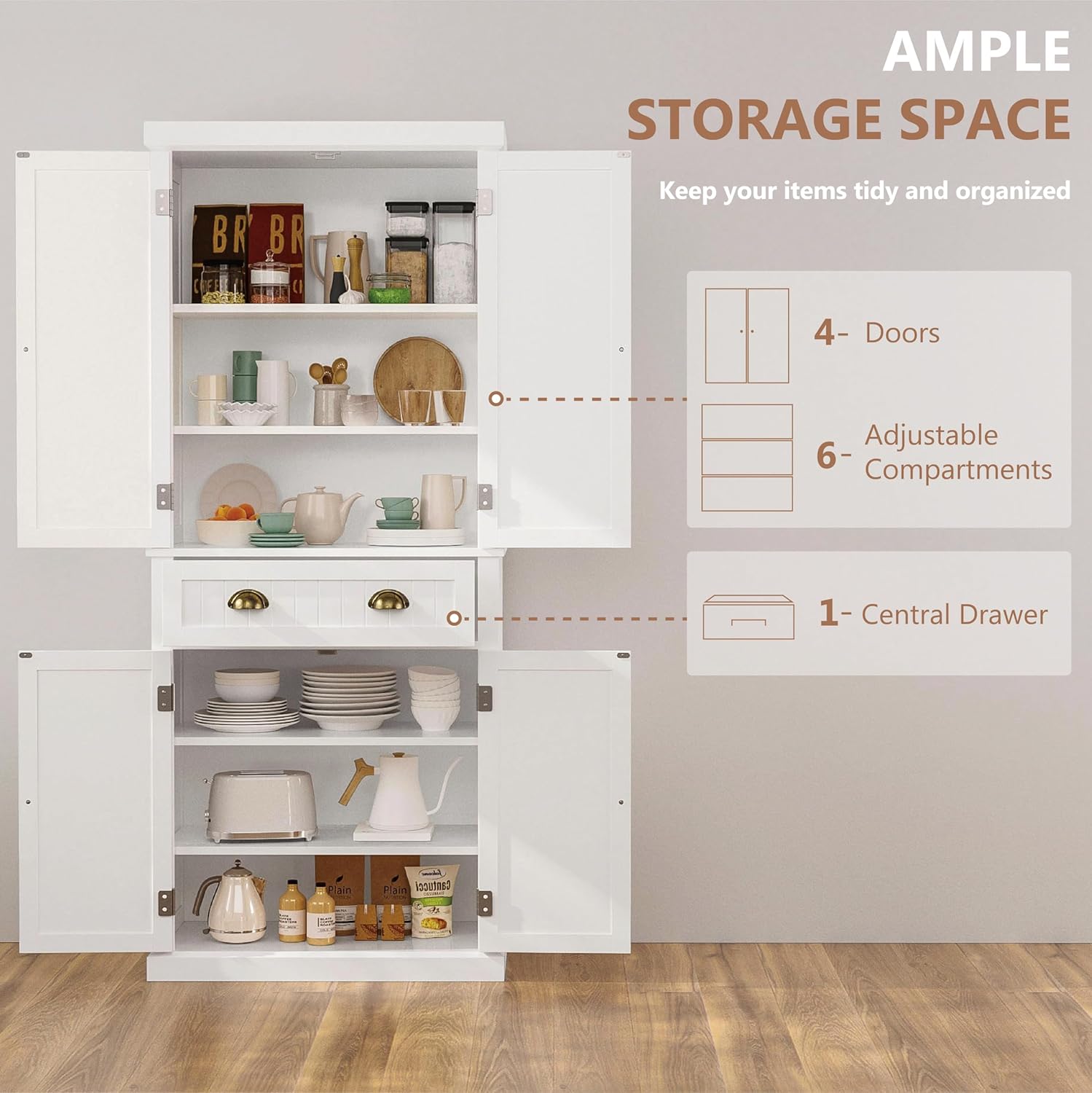 72" Kitchen Pantry,Tall Storage Cabinets with Doors and Shelves,Freestanding Pantry Cabinet for Bathroom,Dining Room and Living Room (Standard White)
