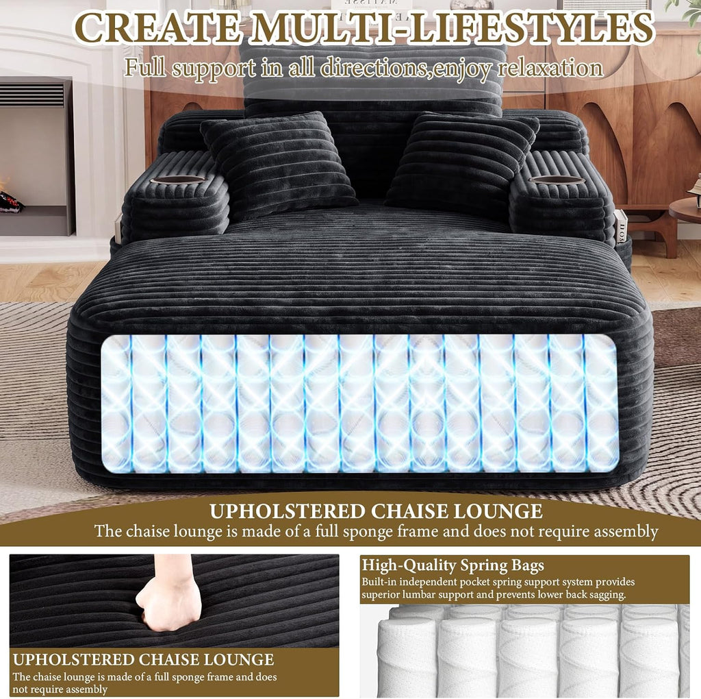 65" L Oversized Chaise Lounge Chair Indoor,Comfy Reading Chair with Cup Holder & Side Pockets,Corduroy Fabric Single Cloud Sofa Chair for Living Room & Bedroom,No Assembly, Black