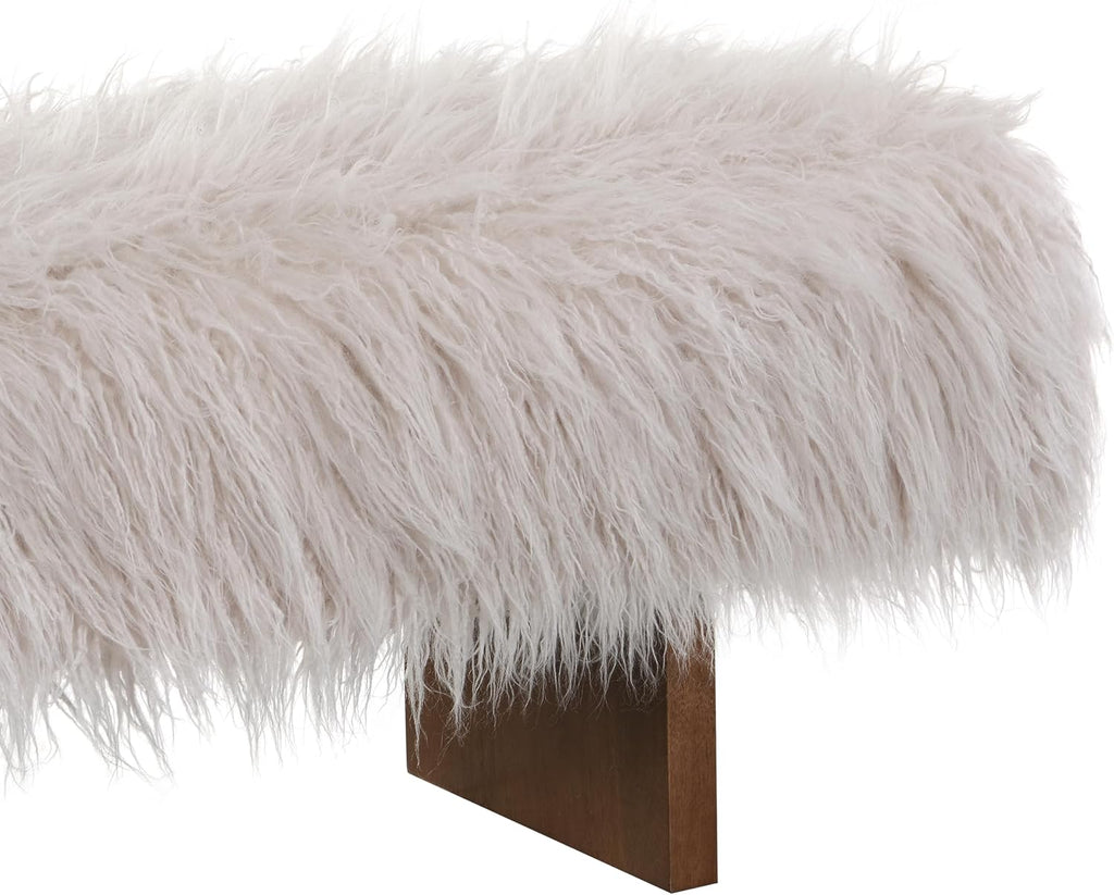 Christopher Knight Home Lenka 67" Long-haired Faux Wool Bedroom Bench, Rubberwood Ottoman Bench, Spacious Seating, Long Footstool for Living Room, Luxury Entryway Bench, Brown+Beige