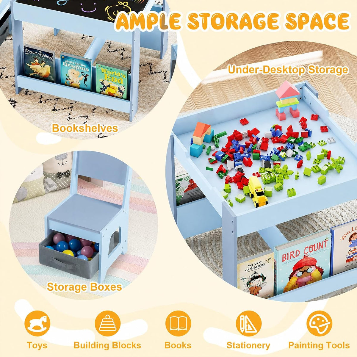Children's Table with 2 Chairs Wood 3-Piece Furniture Set | Children's furniture set with shelf storage space and 4-in-1 painting table for children from 3 years
