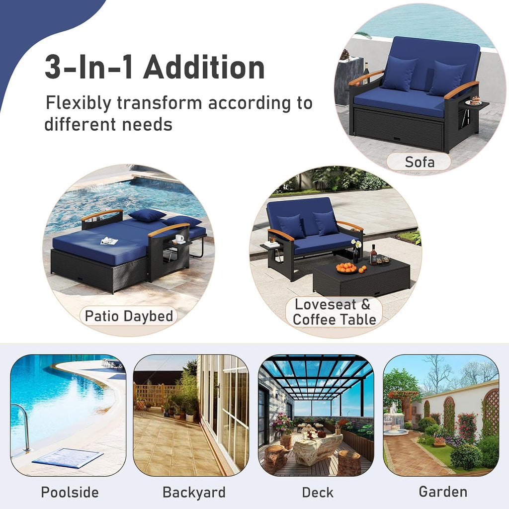 Moccha Outdoor Wicker Daybed, Patio Rattan Loveseat Sofa w/ 4-Level Adjustable Backrest, Folding Panels, Storage Ottoman & Cushions, Lounge Furniture Set for Poolside Backyard Porch (Navy & Black)