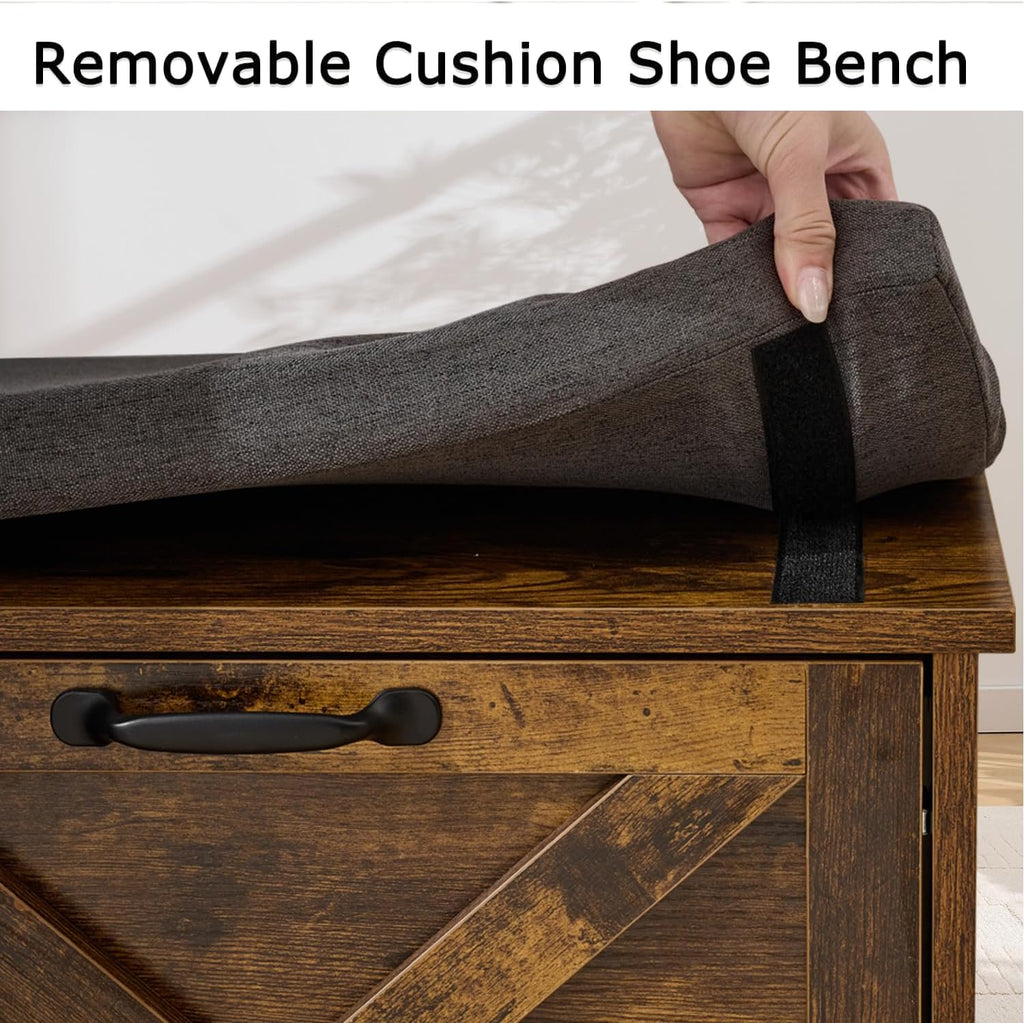 Brown Shoe Storage Bench with 2 Flip Drawers, Entryway Bench with Removable Seat Cushion, 2-Tier Shoe Cabinet for Entryway, Hallway, Bedroom