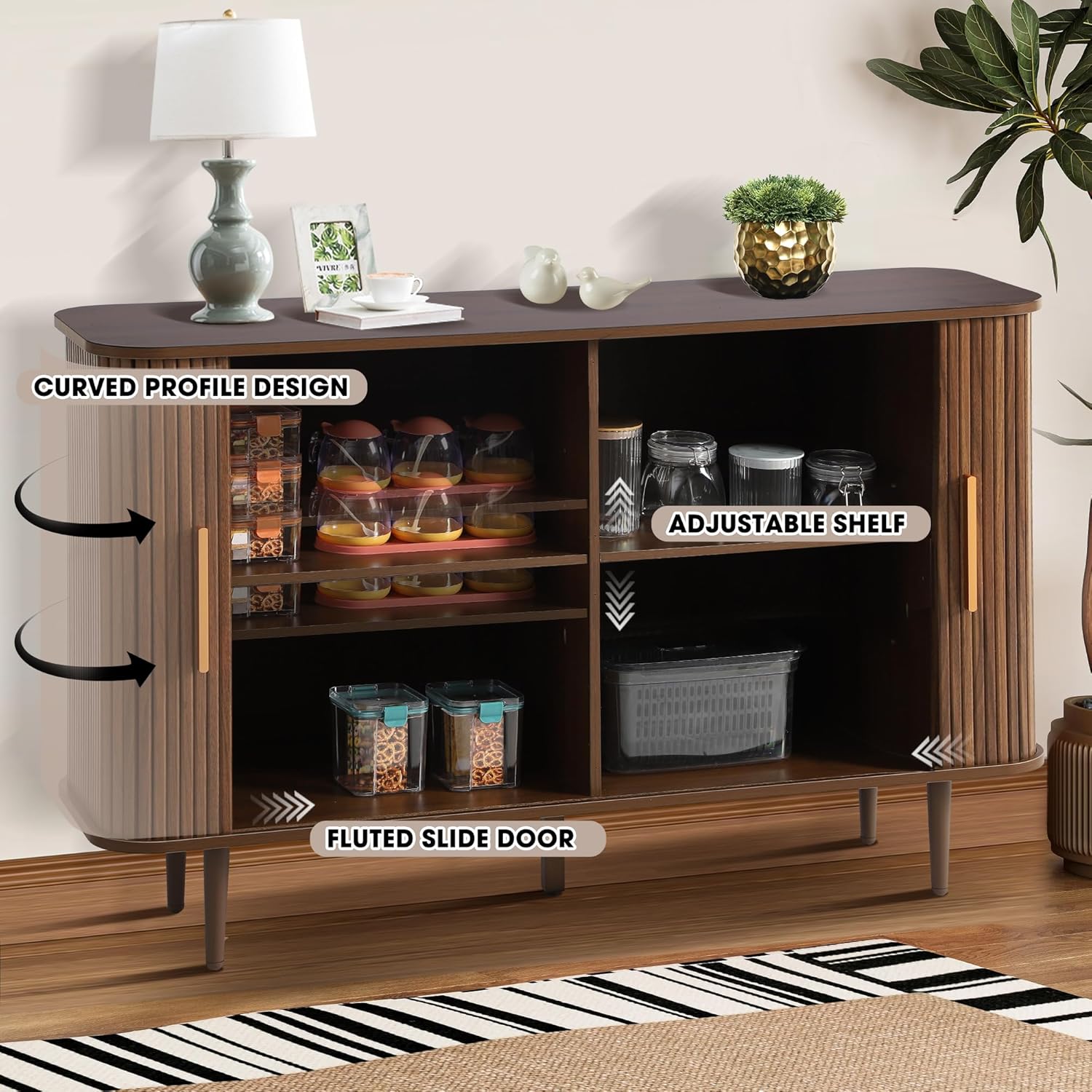 Grepatio 47" Sideboard Buffet Cabinet with Fluted Slide Doors, Tambour Storage Cabinets with Adjustable Shelves, Credenza Console Mid Century Cabinet for Living Room Hallway Entryway (Brown)
