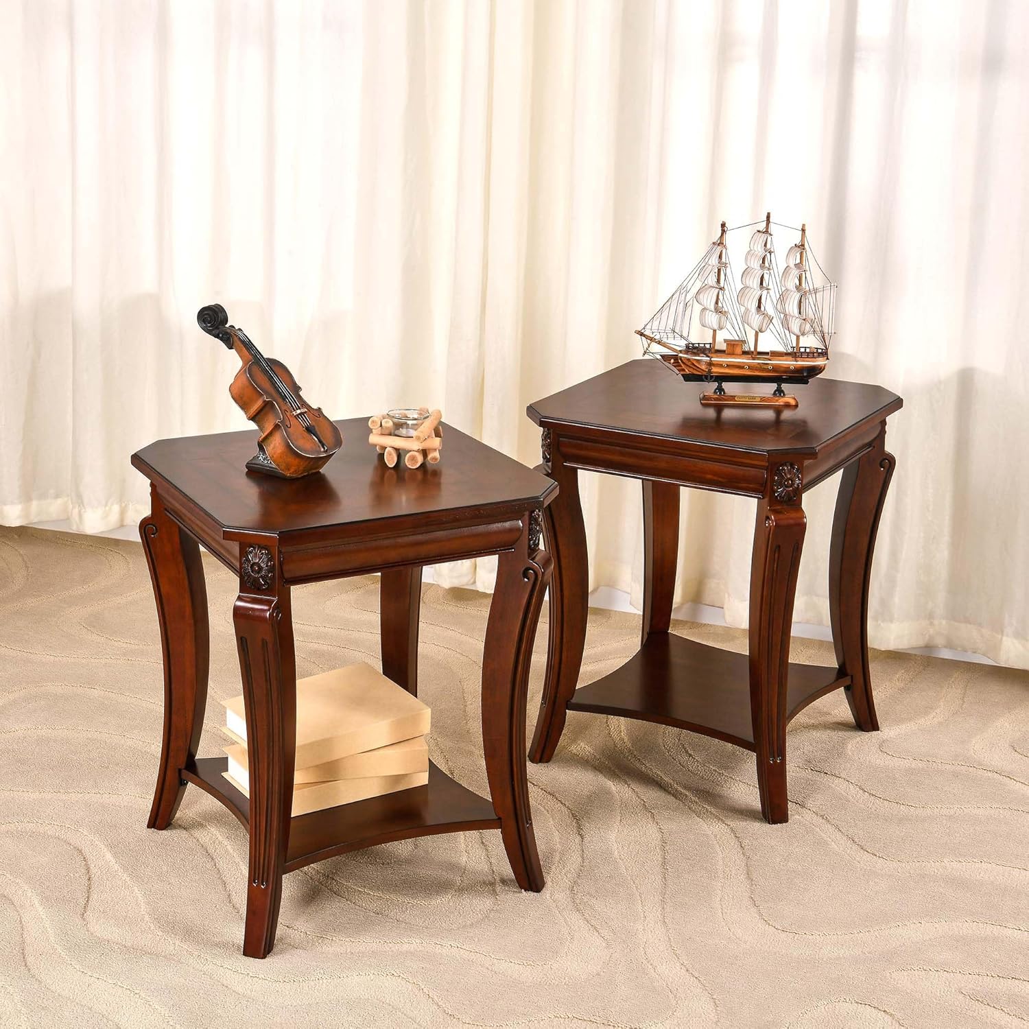 PADMA HOUSE Traditional Wood End Table with Storage Shelf, Square Solid Wood Sofa Side Table with Curved Legs, 2-Tier Wooden Bedside Tables in Cherry for Living Room,19.7 * 19.7 * 23.8in
