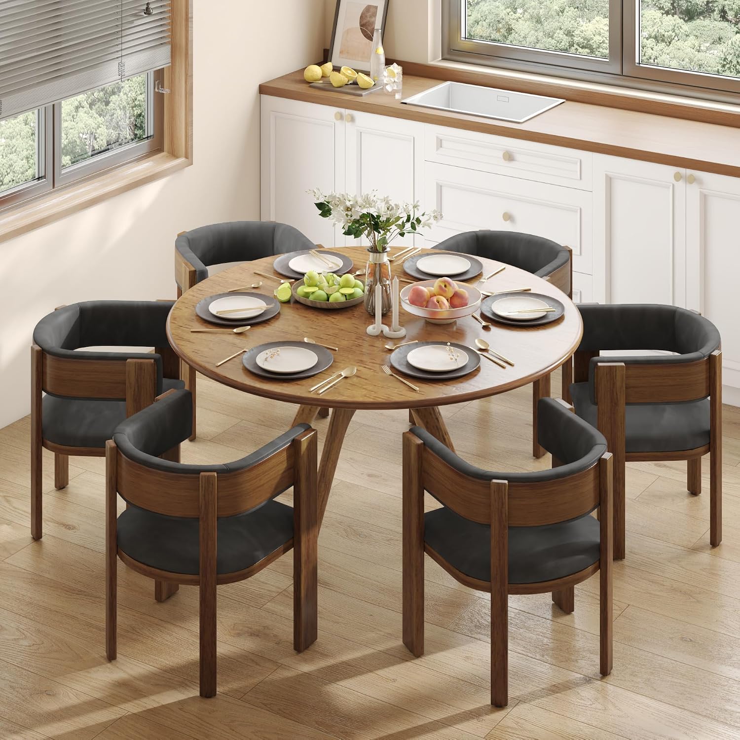 Squireewo Barrel Dining Chairs Set of 2, Modern Dining Room Chairs with Curved Backrest, Kitchen Chairs with Solid Wood Legs, Comfortable PU Leather Upholstered Seat, Adjustable Foot Pad, Dark Grey