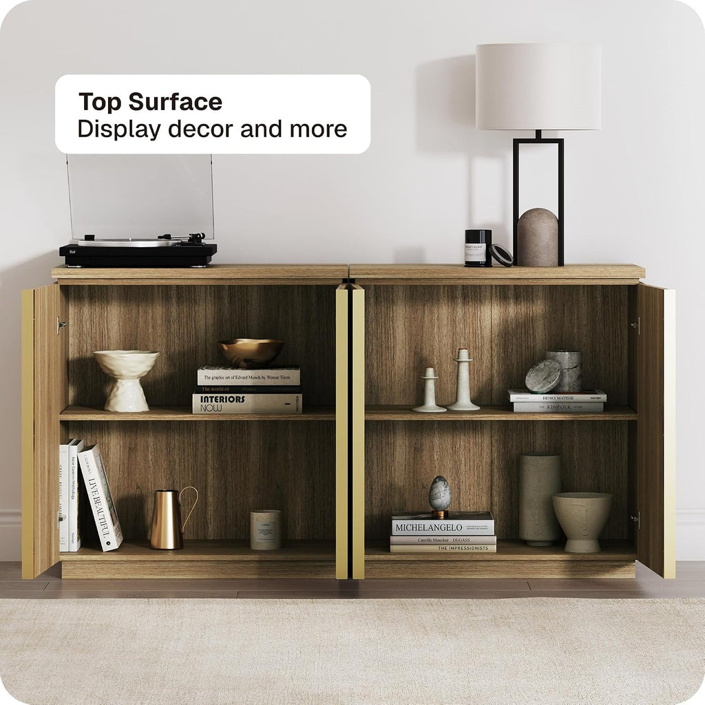 BELLEZE 94'' Mid Century Modern Sideboard Cabinet, Wood Arched Accent Buffet Cabinet with Storage, Credenza Console Table for Dining Room, Kitchen, and Living Room Hallway (Camel)