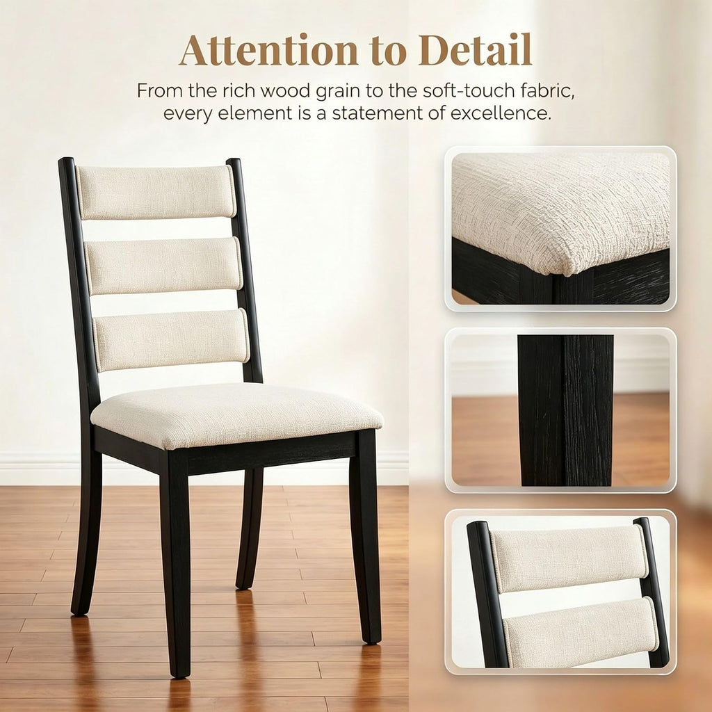 Dining Chairs Set of 2 Farmhouse Kitchen Chairs with Upholstered Cushion Back and Seat Ladder Back Side Chairs for Dining Room Living Room Restaurant(Black Frame, Chenille Beige)