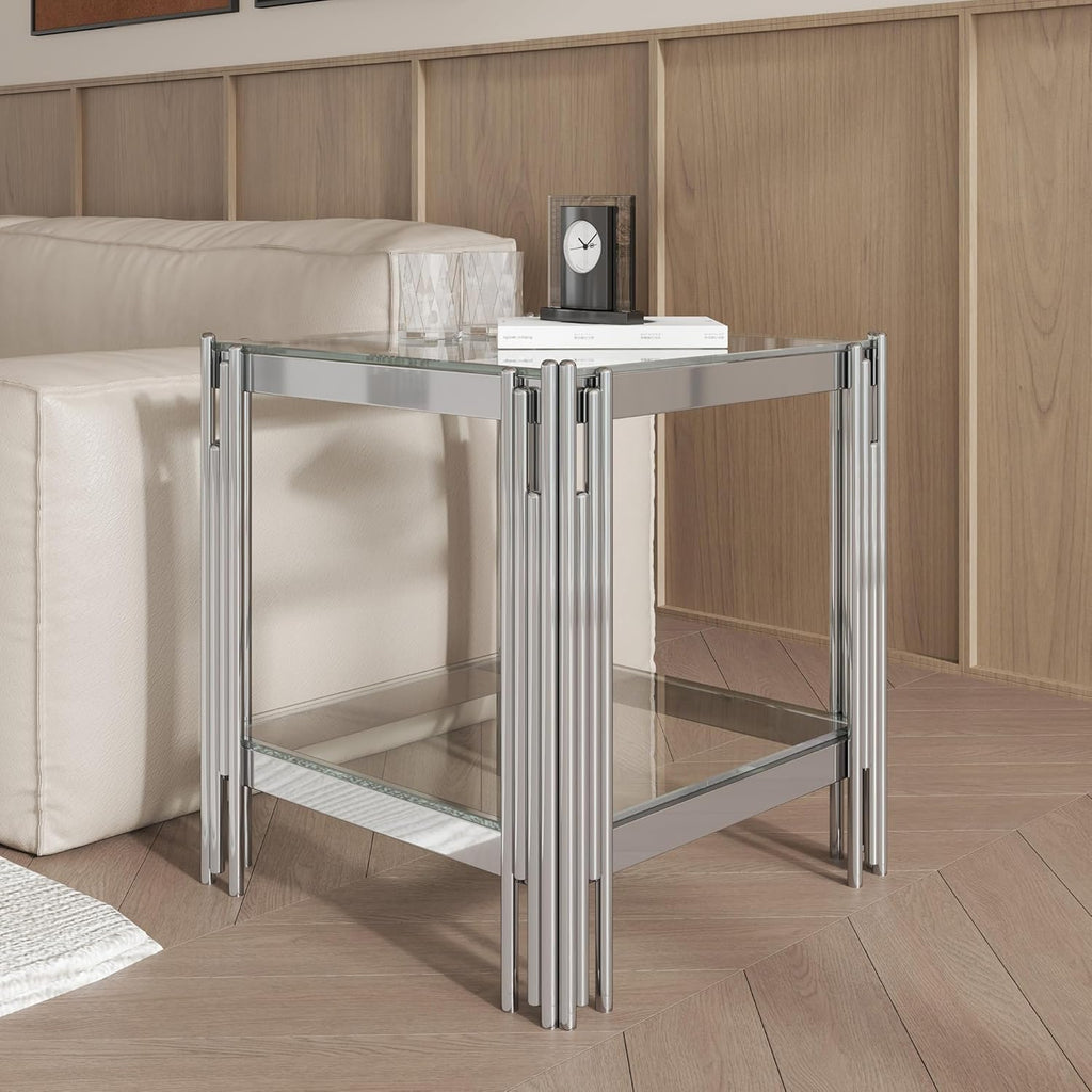 Square Glass End Table with Clear Tempered Glass Top & Silver Stainless Steel Legs, Modern 2-Tier Small Glass Side Table for Living Room, Home Office, Glass Accent Table Easy to Assemble