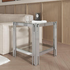 Square Glass End Table with Clear Tempered Glass Top & Silver Stainless Steel Legs, Modern 2-Tier Small Glass Side Table for Living Room, Home Office, Glass Accent Table Easy to Assemble