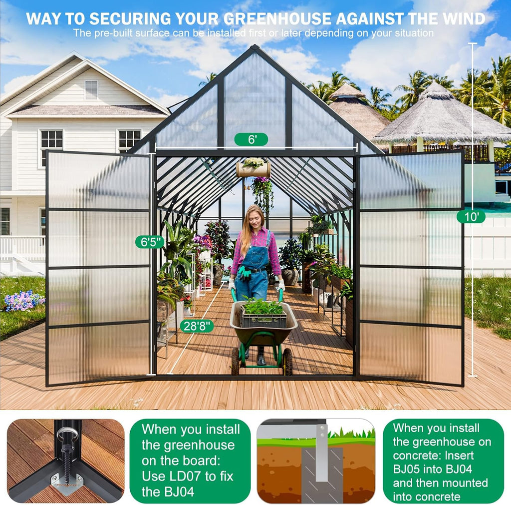 CDCASA 28x10x10 FT Greenhouse for Outdoors, Easy Assembly Large Thicker Aluminum Heavy Duty Polycarbonate Greenhouses Kit w/6 Windows, Outside Sunroom Walk-in Green House for Patio,Backyard