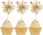 Gyufise 30Pcs Foil Firework Cupcake Toppers Happy Birthday Cake Toppers Sparkle Tinsel Flower Drink Stirrers Cocktail Food Fruit Toothpicks for Valentine's Day Party Supplies Gold