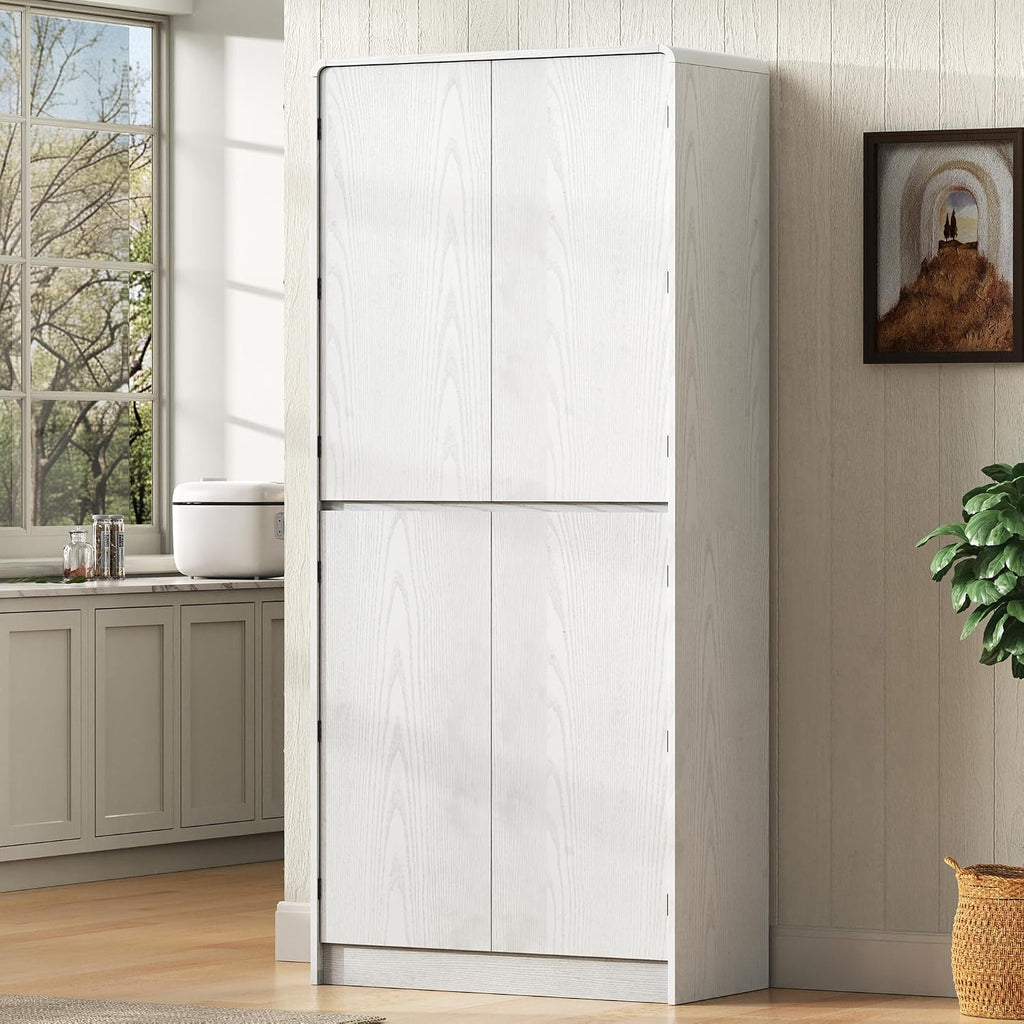 72 Inch Farmhouse Kitchen Pantry Cabinet with Unique Curved Design, 4-Door Storage with 8 Adjustable Door Shelves, 3 Adjustable Shelves & Hidden Drawer, Freestanding (Curved Design + White)