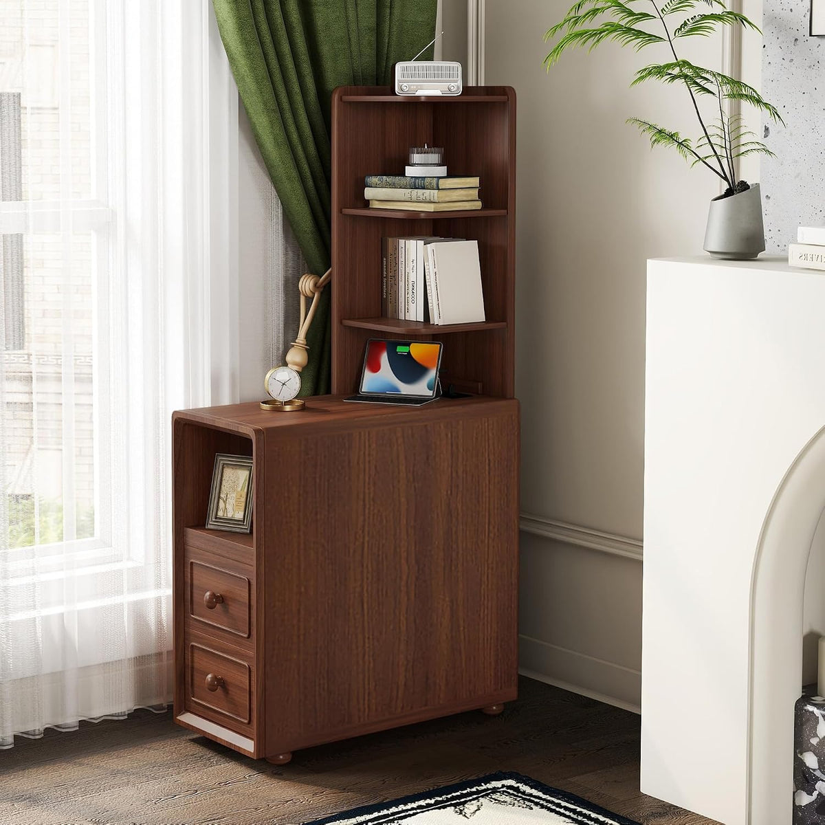Walnut Corner Tables with Drawers & Open Shelves, Tall & Bedside Nightstands with Charging Station for Living Room & Bedroom