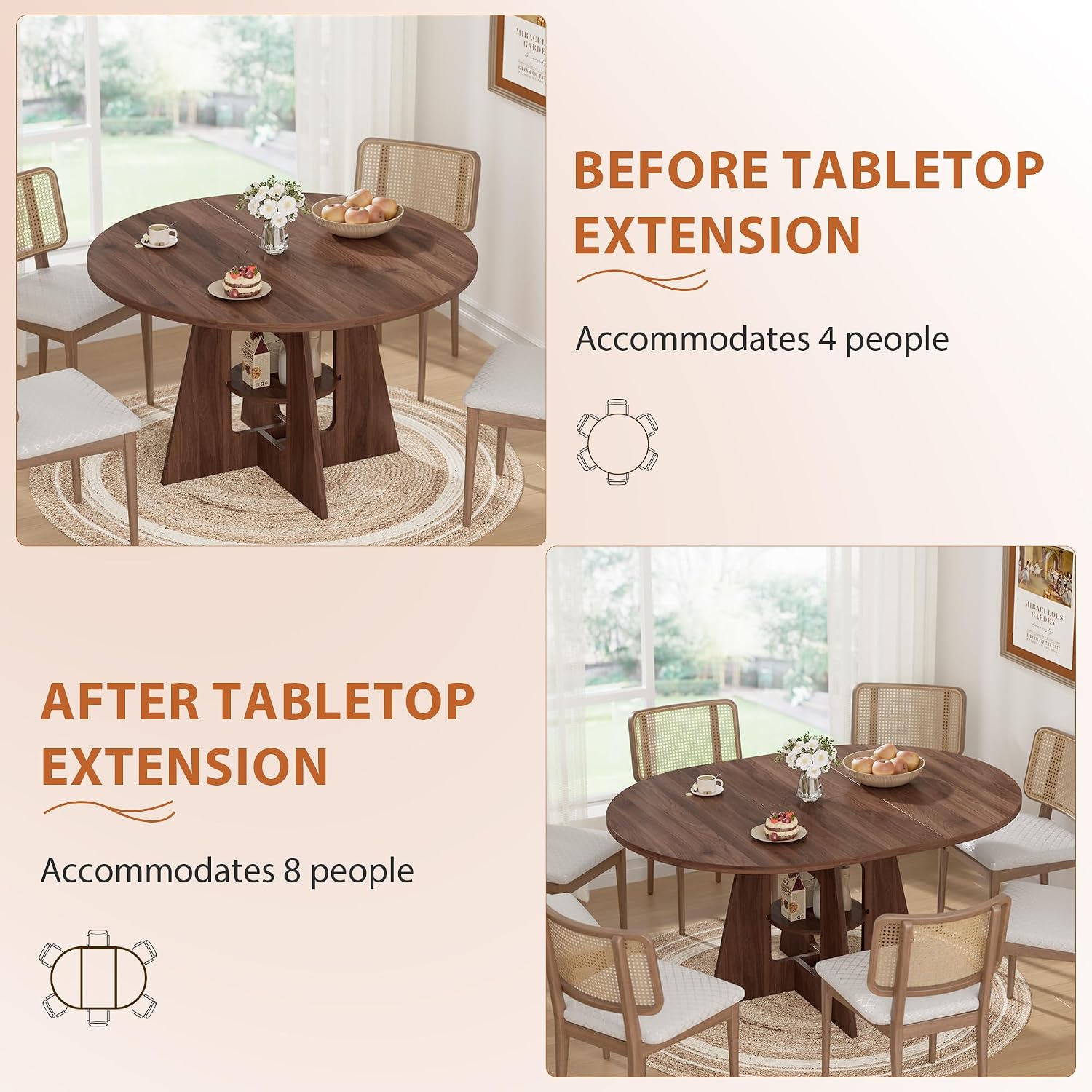 43.3''-59'' Round Extendable Dining Table, Oval Dining Table for 4-8, Modern Kitchen Circle Dinning Table with Storage for Kitchen Living Room Apartments Family Meals (Walnut)